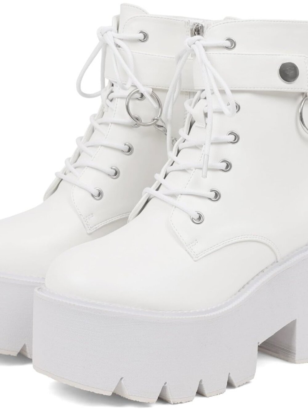 Women's White Combat Chunky Wedge Heel Rave Goth Lace Up Zipper Shoes Booties